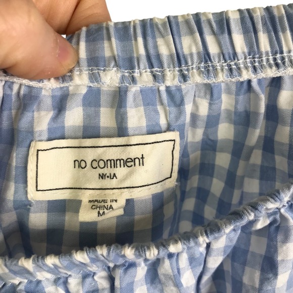 No Comment Blouse Womens Sz M Blue Gingham Check Off The Shoulder Top Sleeve Tie - Picture 2 of 9